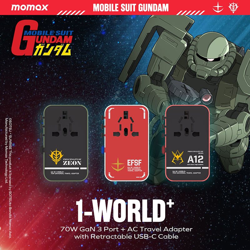 Momax UA18GDG I-World+ 70W GaN 3-Port + AC Travel Adapter with Built-in USB-C Cable - MS-06F Zaku II