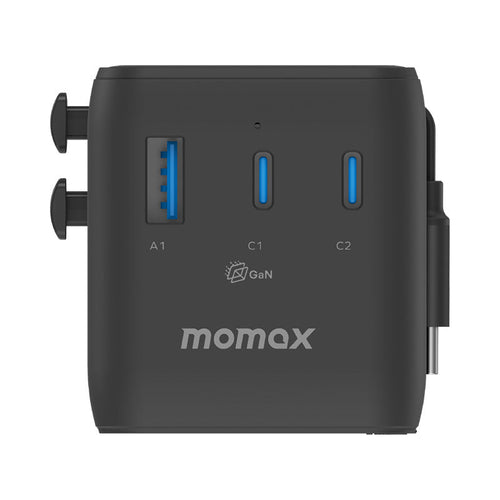 Momax UA25D 1-World2+ 100W 4-Port Dual AC Travel Adapter with Built-in USB-C Cable - Black