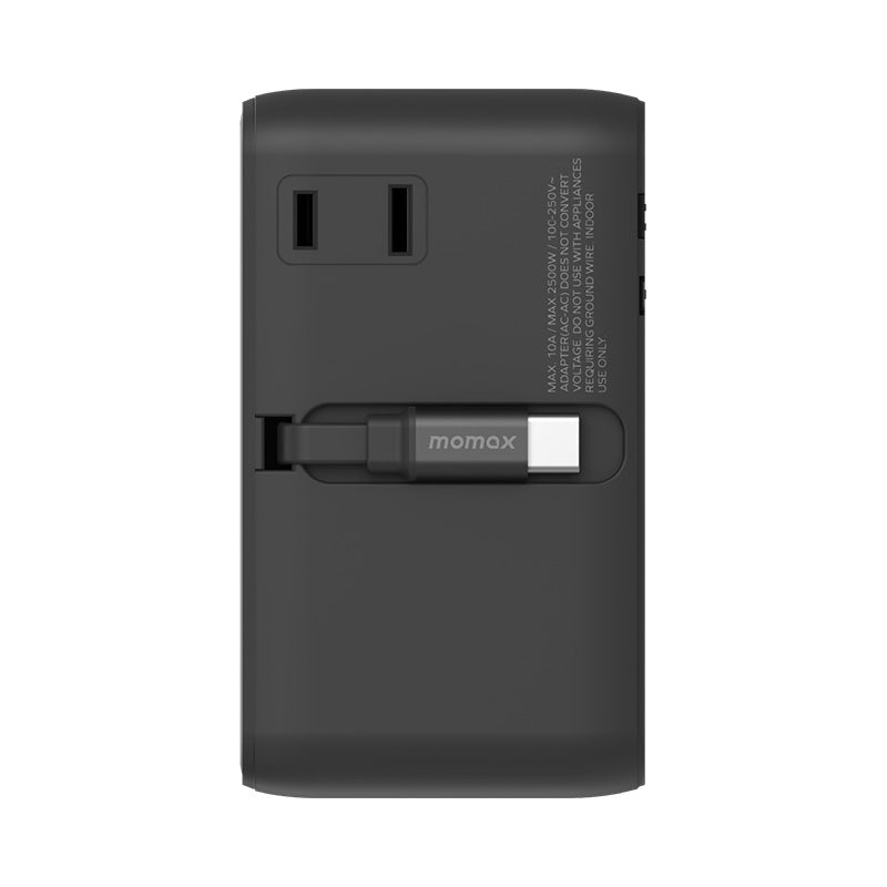 Momax UA25D 1-World2+ 100W 4-Port Dual AC Travel Adapter with Built-in USB-C Cable - Black