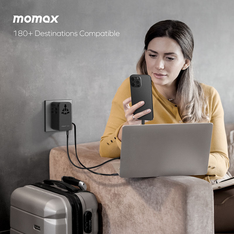 Momax UA25D 1-World2+ 100W 4-Port Dual AC Travel Adapter with Built-in USB-C Cable - Black