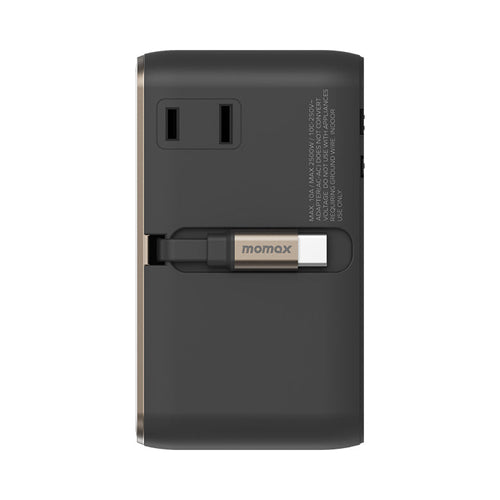 Momax UA25L 1-World2+ 100W 4-Port Dual AC Travel Adapter with Built-in USB-C Cable - Titanium