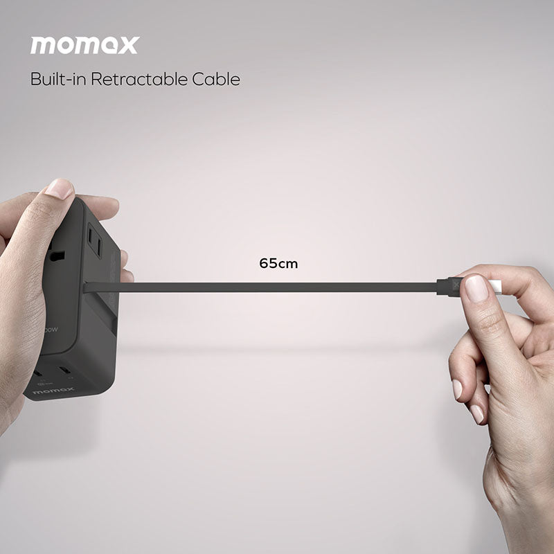Momax UA25L 1-World2+ 100W 4-Port Dual AC Travel Adapter with Built-in USB-C Cable - Titanium