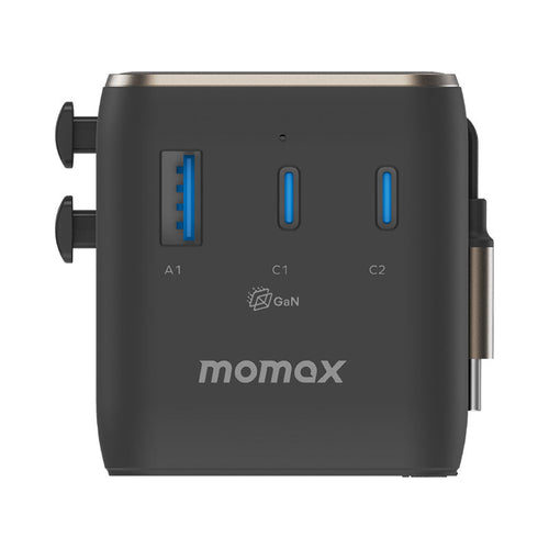 Momax UA25L 1-World2+ 100W 4-Port Dual AC Travel Adapter with Built-in USB-C Cable - Titanium