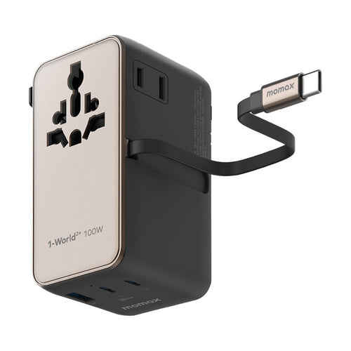 Momax UA25L 1-World2+ 100W 4-Port Dual AC Travel Adapter with Built-in USB-C Cable - Titanium