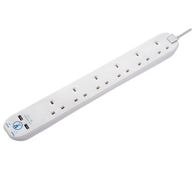 Masterplug SRGU62N-MPA Extension 6 Socket 2m + 2 USB 2.1A