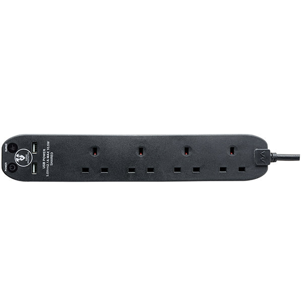 Masterplug 2M 4 socket Surged Extension Lead, 2 x USB (2.1A), Black (SRGU42NB-MPA)
