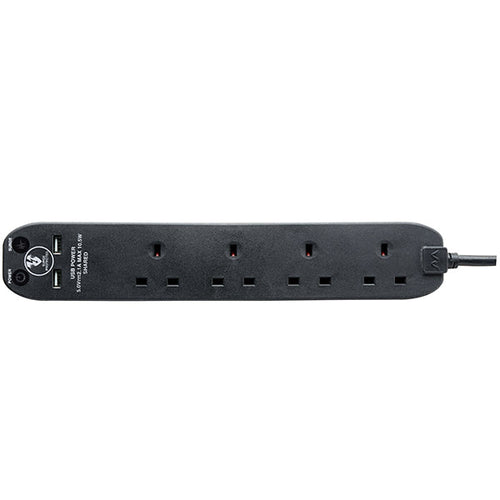 Masterplug 2M 4 socket Surged Extension Lead, 2 x USB (2.1A), Black (SRGU42NB-MPA)