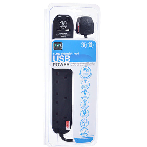 Masterplug 2M 4 socket Surged Extension Lead, 2 x USB (2.1A), Black (SRGU42NB-MPA)