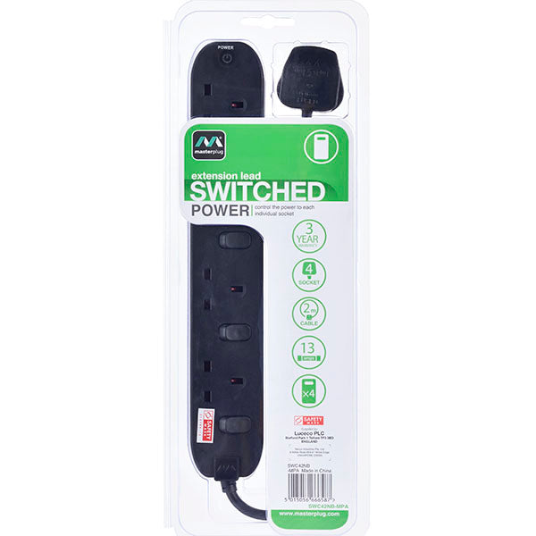 MasterPlug 2M 4 Socket Individual Switched w LED indicator Black (SWC42NB-MPA)