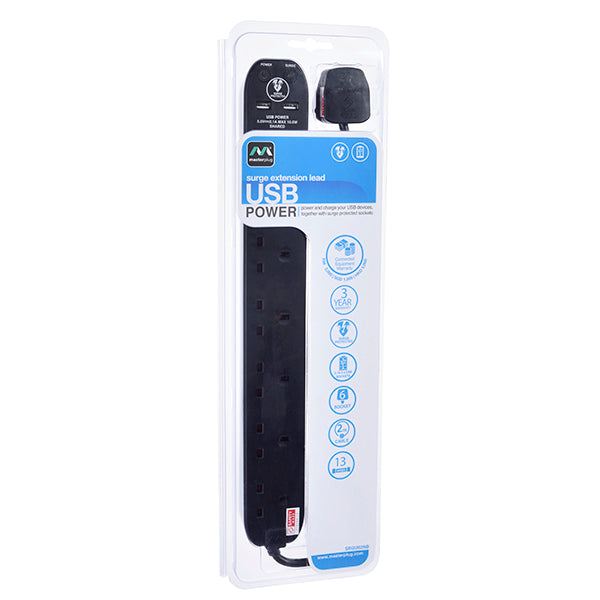 Masterplug 2M 6 socket Surged Extension Lead, 2 x USB (2.1A), Black (SRGU62NB-MPA)