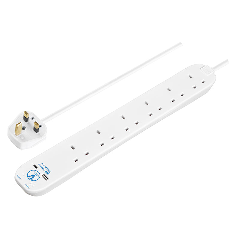 Masterplug SRGUAC2262N 6 Socket + Type-C PD22W Surge Extension 2M (White)
