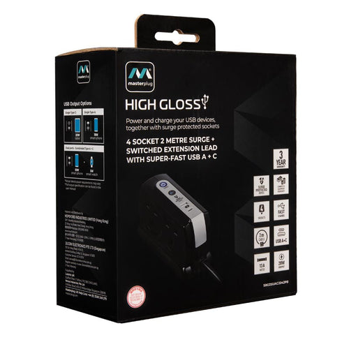 Masterplug SRGDSUAC2042PB 4 Socket 2M Surge+Switched Extension w USB A+C