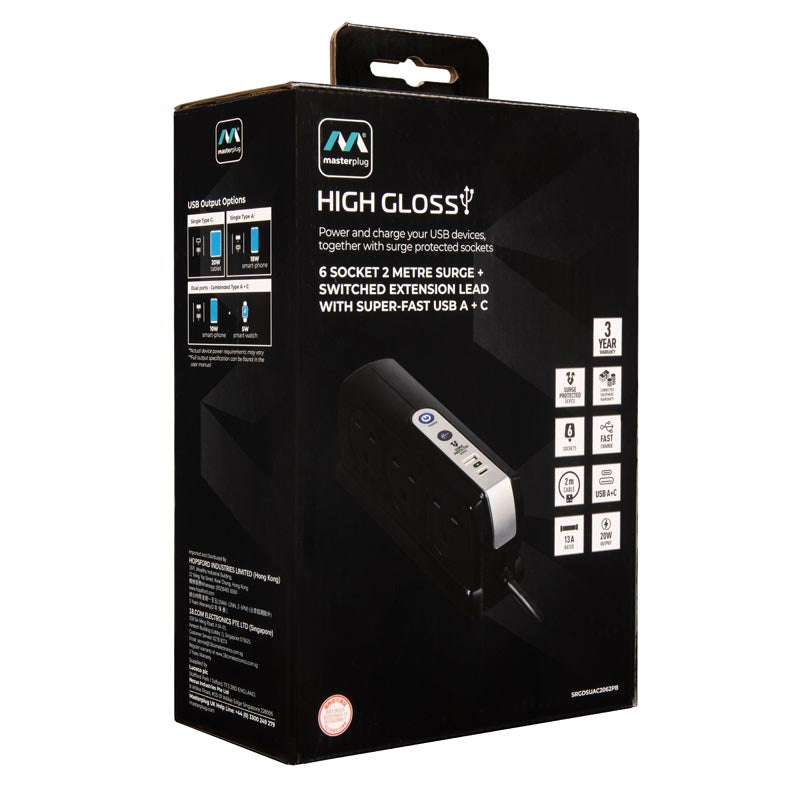 Masterplug SRGDSUAC2062PB 6 Socket 2M Surge+Switched Extension w