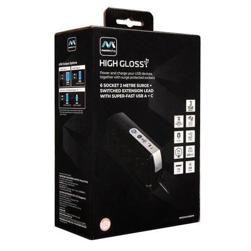Masterplug SRGDSUAC2062PB 6 Socket 2M Surge+Switched Extension w USB A+C