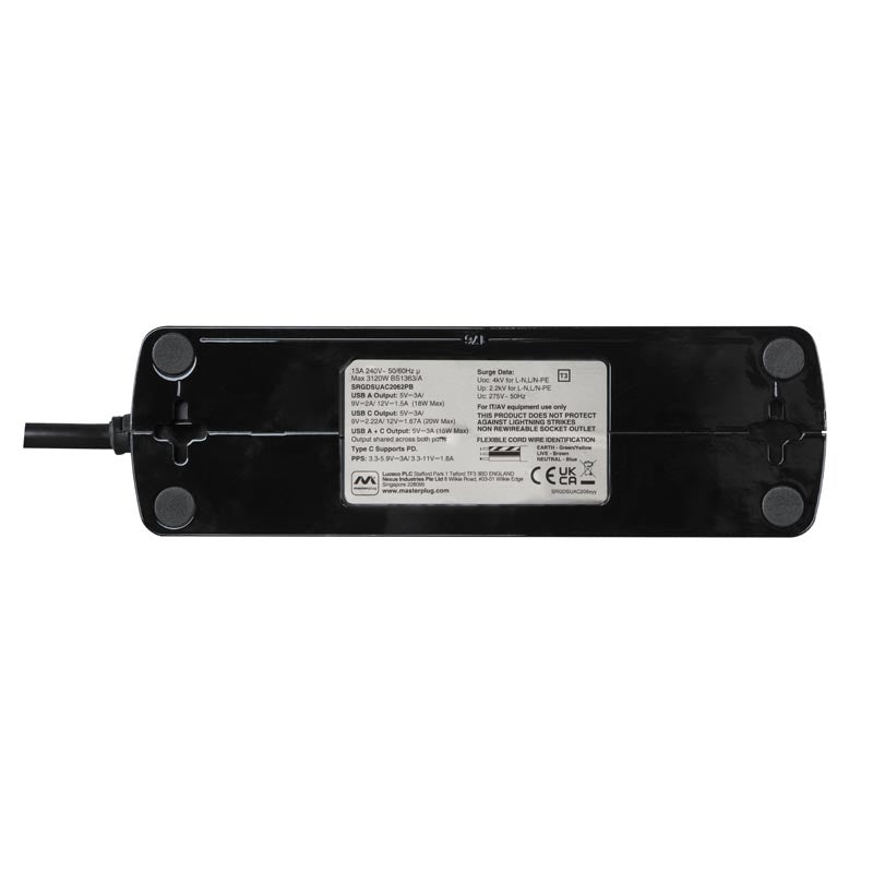 Masterplug SRGDSUAC2062PB 6 Socket 2M Surge+Switched Extension w USB A+C