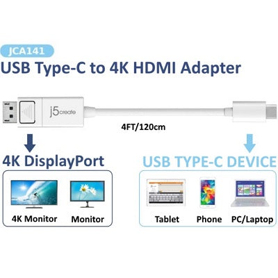 J5Create JCA141 USB Type-C to 4K DisplayPort Cable