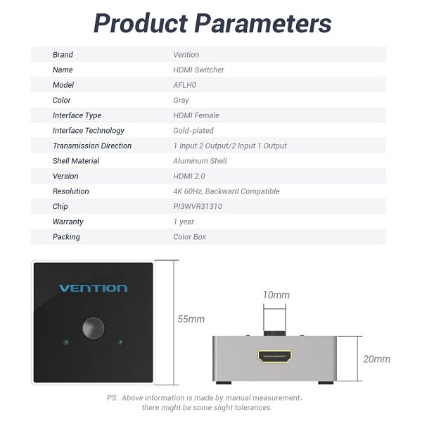Vention 2 Port HDMI Bi-Direction Switcher Grey Metal Type