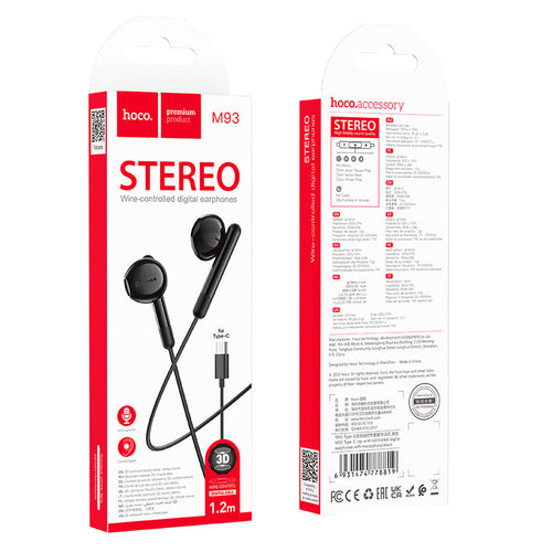 Hoco M93 Type-C Joy Wire-Controlled Digital Earphones with Microphone (Black)
