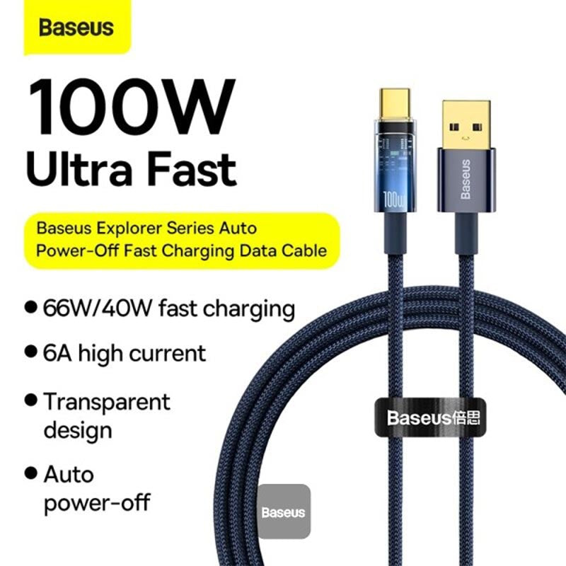 Baseus Explorer Auto Off Fast Charging USB to C 100W 1M Blue
