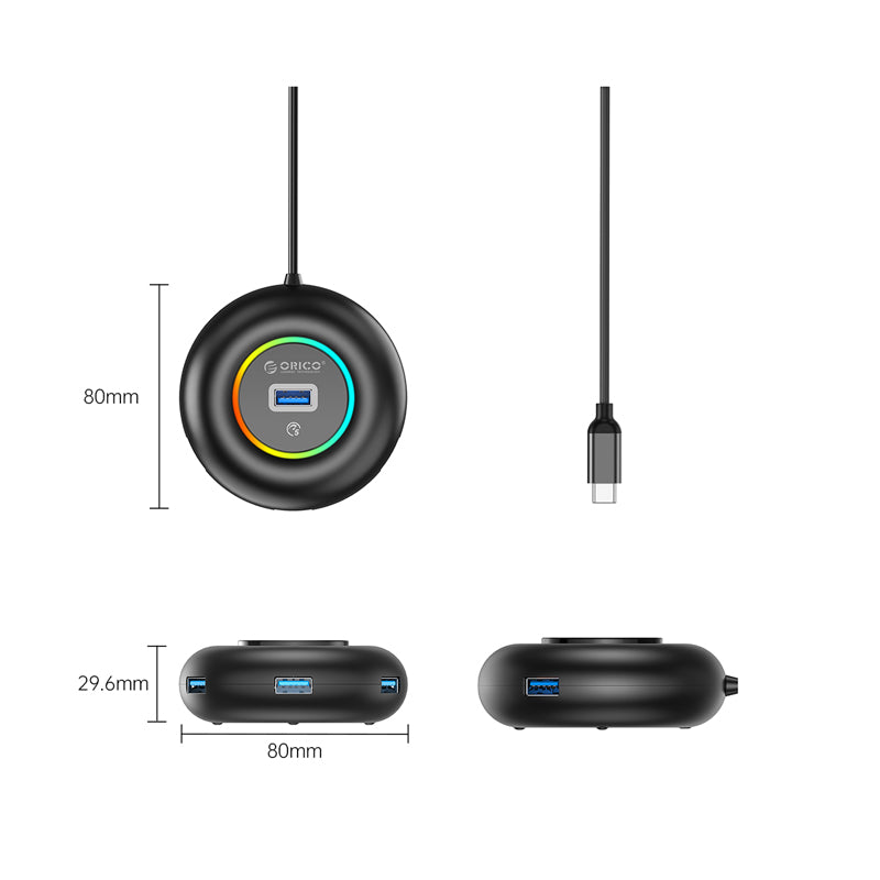 Orico YXR2-C3-18-BK-BP RGB 4-Port USB Hub 1.8m (Black)
