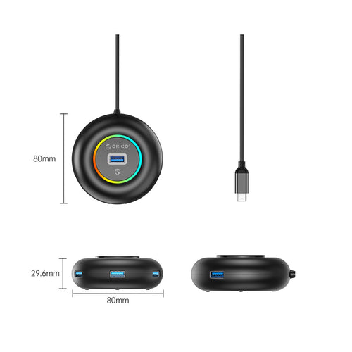 Orico YXR2-C3-18-BK-BP RGB 4-Port USB Hub 1.8m (Black)