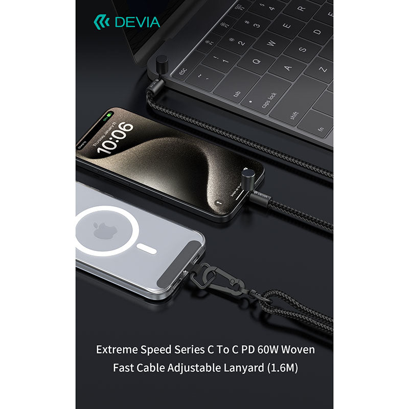 Devia EC657 Extreme Speed Series C To C PD 60W Woven Fast Cable Adjustable Lanyard (1.6M) Black
