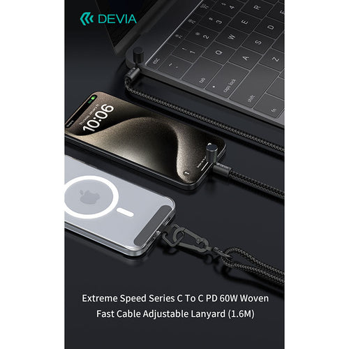 Devia EC657 Extreme Speed Series C To C PD 60W Woven Fast Cable Adjustable Lanyard (1.6M) Black