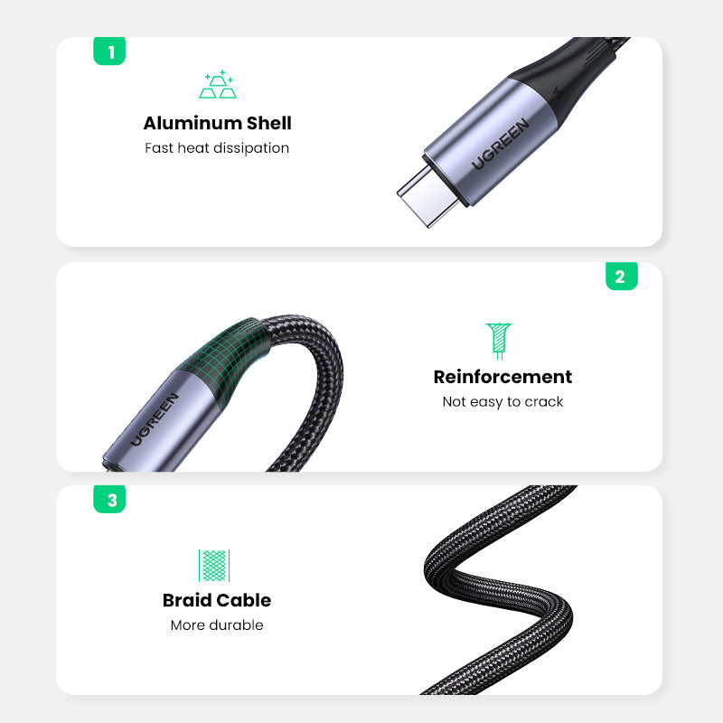 Ugreen US355 240W & 10Gbps USB-C 3.1 M/M Gen2 5A Cable with Braided 1m (Black)