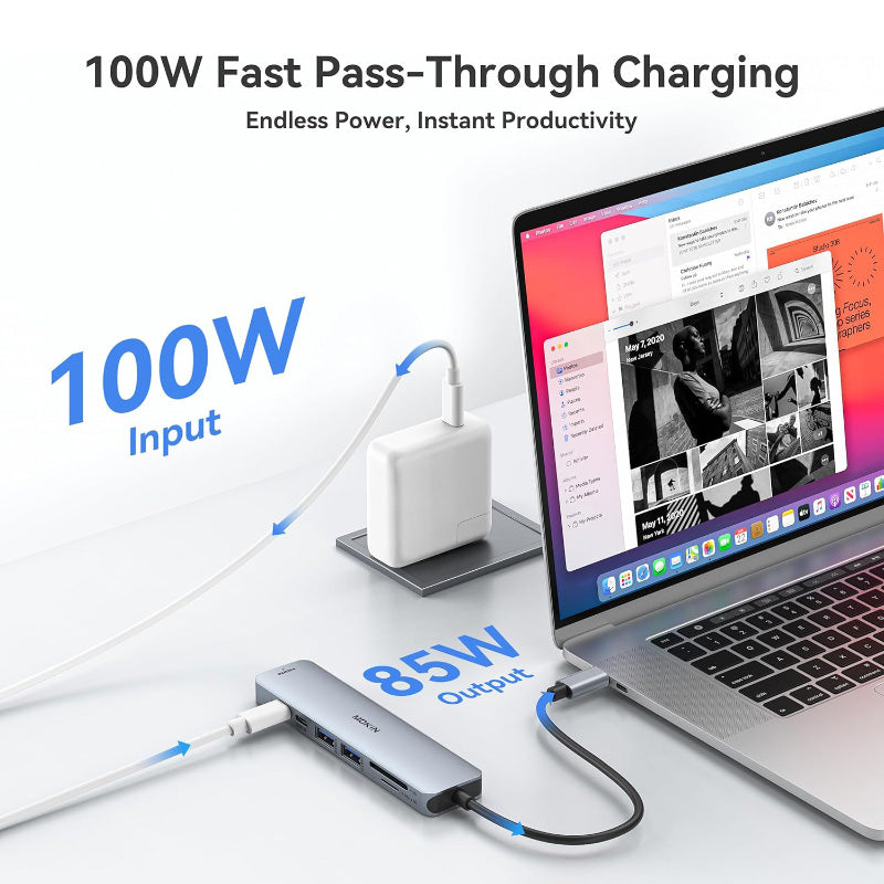 Mokin MOUC0119 7-In-1 USB-C to HDMI+USB-C3.0+2USB-A 3.0+SD/TF+PD (Grey)