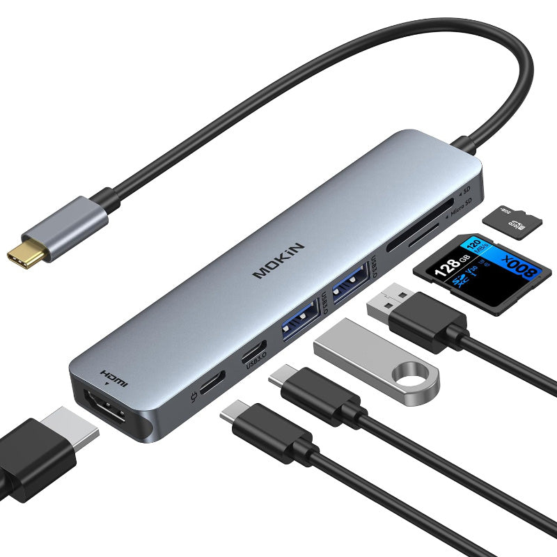 Mokin MOUC0119 7-In-1 USB-C to HDMI+USB-C3.0+2USB-A 3.0+SD/TF+PD (Grey)