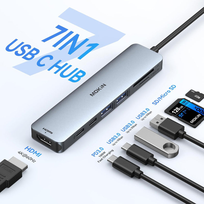 Mokin MOUC0119 7-In-1 USB-C to HDMI+USB-C3.0+2USB-A 3.0+SD/TF+PD (Grey)