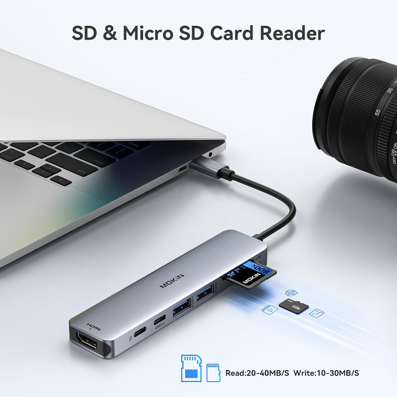 Mokin MOUC0119 7-In-1 USB-C to HDMI+USB-C3.0+2USB-A 3.0+SD/TF+PD (Grey)