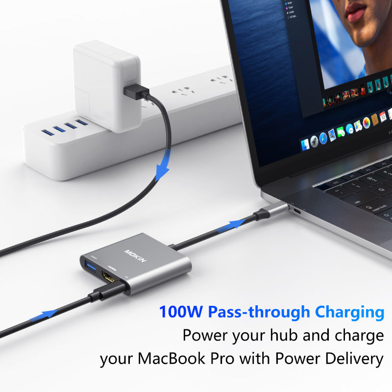 Mokin MOUC1901 3-In-1 Multiport USB-C Adapter to HDMI+USB3.0+PD (Grey)