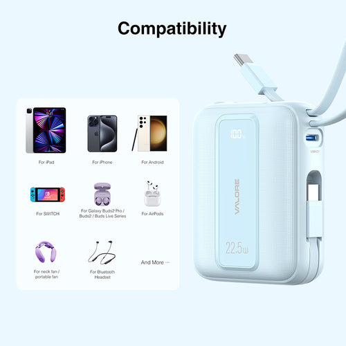 Valore 22.5W 10000mAh Power Bank with Dual Built-in Cables CCC Certified (PD66) - Blue