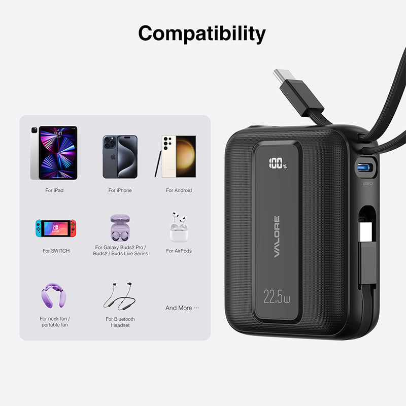 Valore 22.5W 10000mAh Power Bank with Dual Built-in Cables CCC