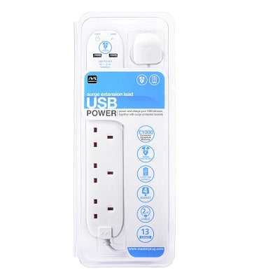 Masterplug SRGU42N-MPA Extension 4 Socket 2m + 2 USB 2.1A
