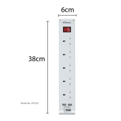 PowerPac PP235U 5 Way Extension Socket with USB