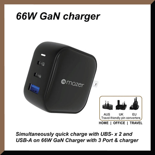 Mazer M-GAN66W-BK SuperMINI GAN66W PD&QC 2USB-C+USB Charger