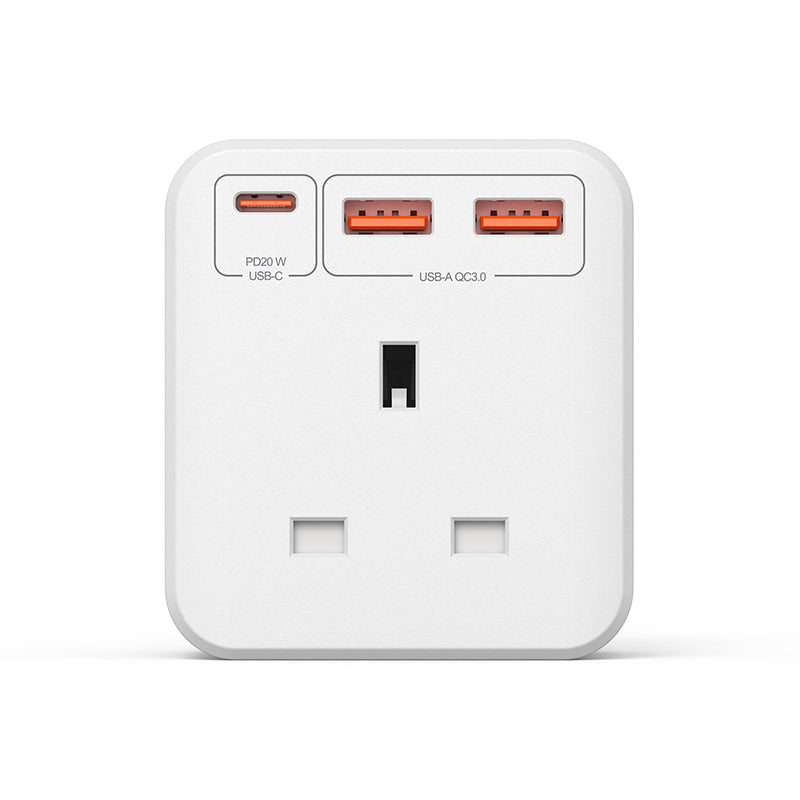 Mazer M-HOME-CUBE20UK-WH Infinite.BOOST UK 3-Outlet CUBE Extension Sockets with 1C 20W & 2A QC3.0 (White)