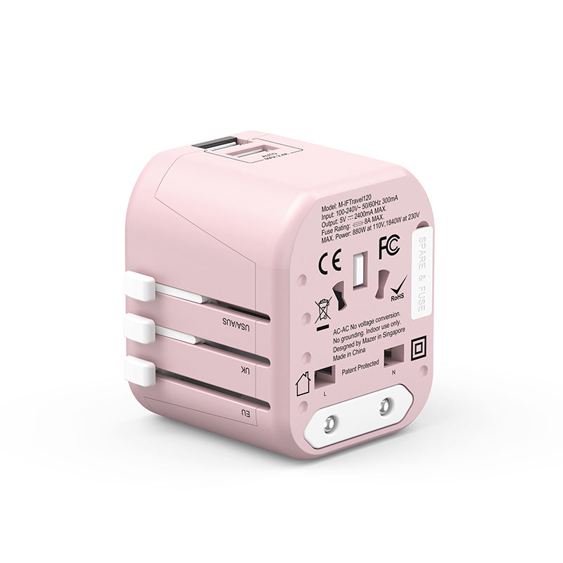 Mazer M-IFTravel120-PK 2 USB-A 12W World Travel Charger (Pink)