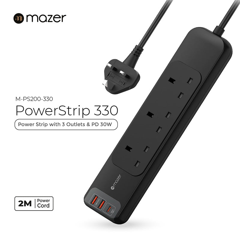 Mazer M-PS200-330-BK 3Way 2M PD30W 1C2A Extension Cord (Black)