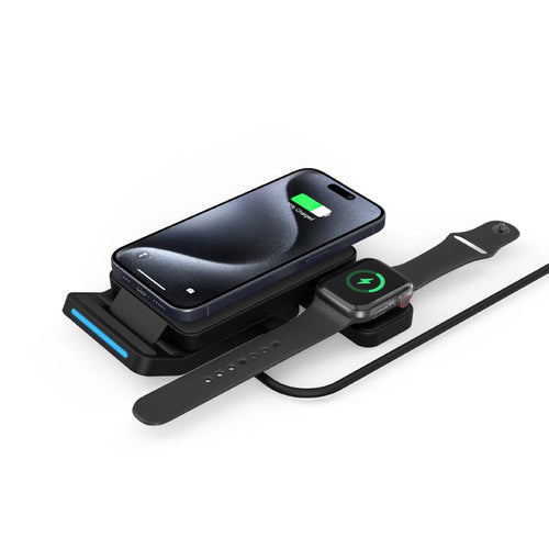 Mazer M-WiFold03A-BK/Qi Wireless 3-in-1 Triple [Dual Wireless+Apple Watch] Foldable Charging Stand (Black)