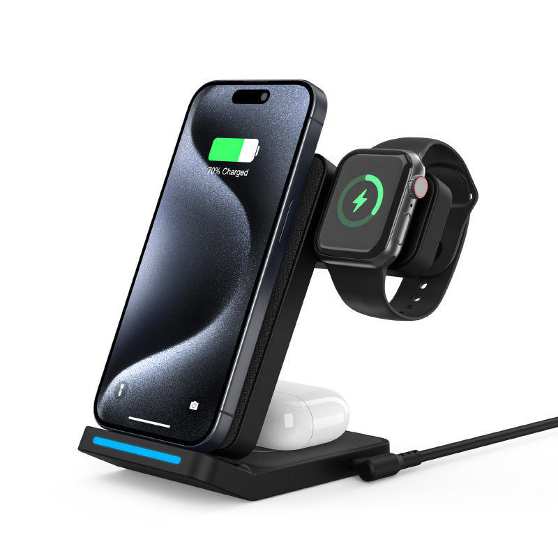 Mazer M-WiFold03A-BK/Qi Wireless 3-in-1 Triple [Dual Wireless+Apple Watch] Foldable Charging Stand (Black)