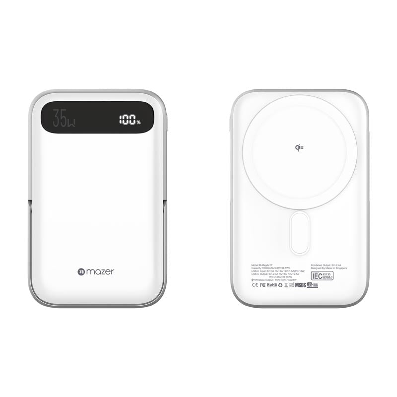 Mazer M-MagAir17-WH MagSafe&Qi2 15W 10,000mAh, USB-C PD35W MagStand Power Bank-White
