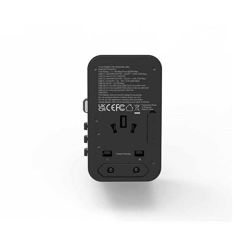 Mazer M-IFTravel370-BG PD70W 2C2A with Bulit-in Retractable USB-C Cable World Travel Charger (Black)