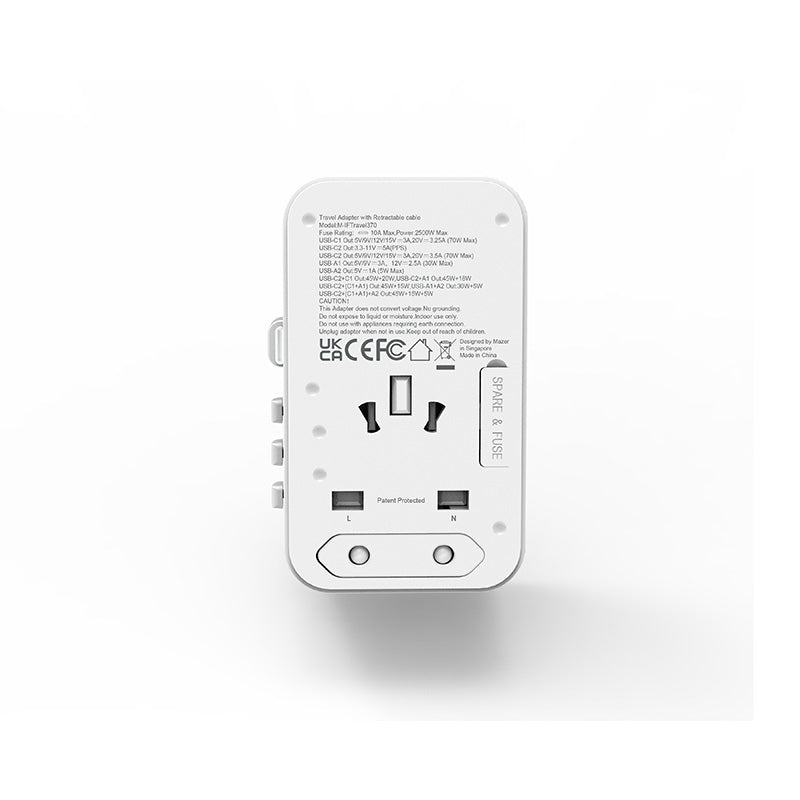 Mazer M-IFTravel370-WT PD70W 2C2A Built-in Retractable with USB-C Cable World Travel Charger (White Titanium)