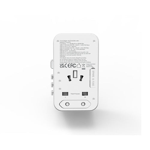 Mazer M-IFTravel370-WT PD70W 2C2A Built-in Retractable with USB-C Cable World Travel Charger (White Titanium)