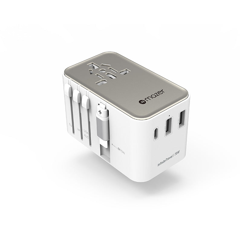 Mazer M-IFTravel370-WT PD70W 2C2A Built-in Retractable with USB-C Cable World Travel Charger (White Titanium)