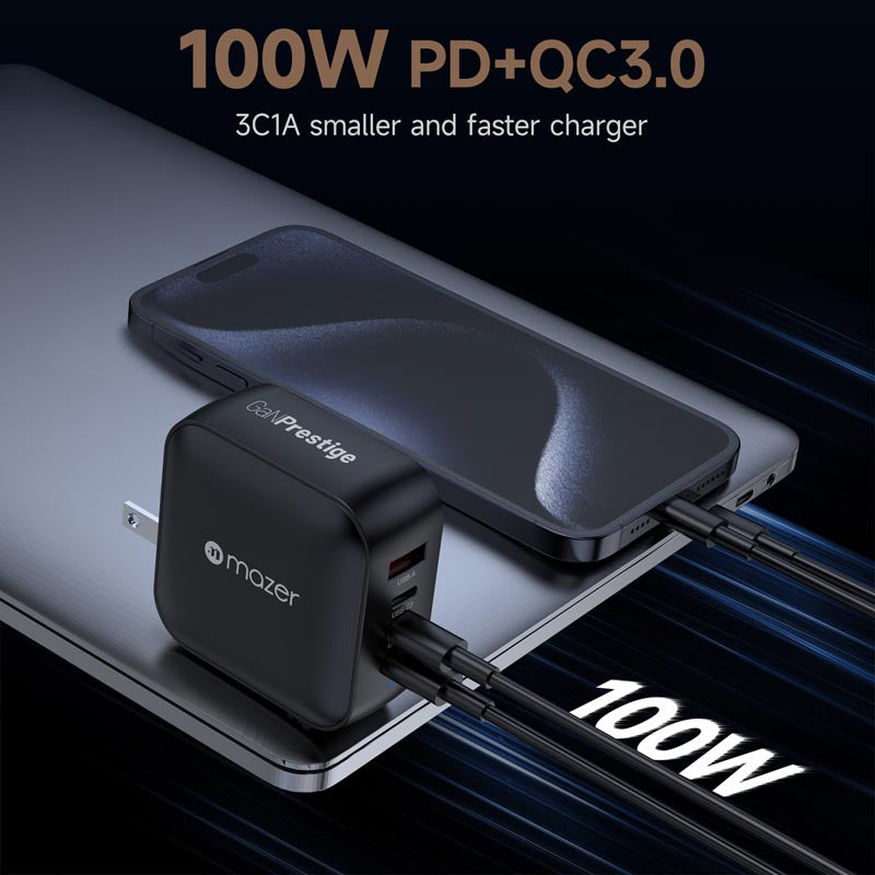Mazer M-G100W-V5-BK PD100W 3C1A Travel Adapter with Changeable Plugs (Black)