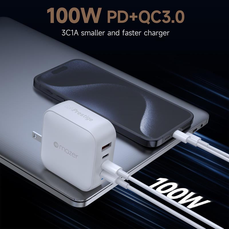 Mazer M-G100W-V5-WH PD100W 3C1A Travel Adapter with Changeable Plugs (White)